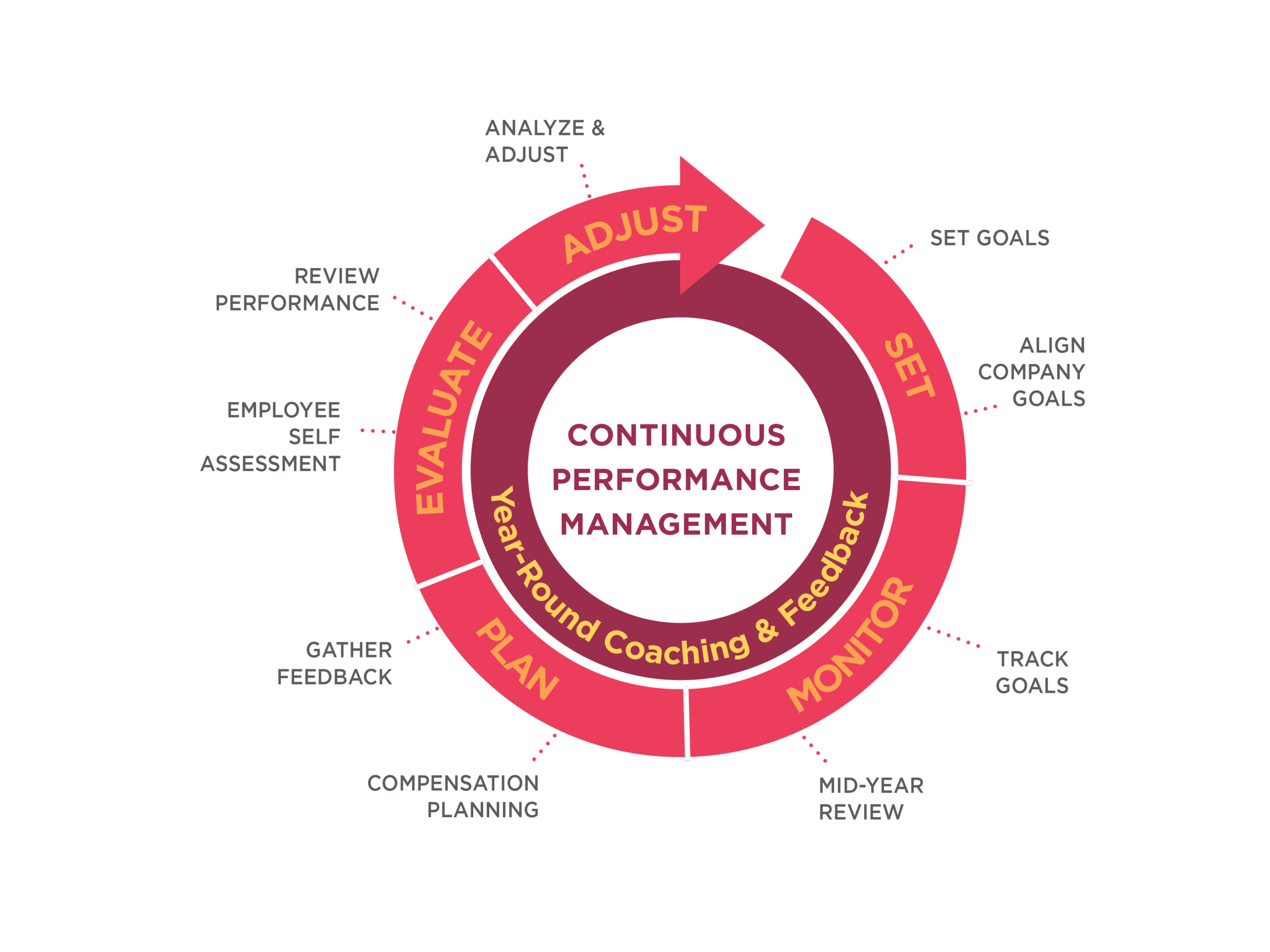 continuous performance management cycle illustration, goal setting evaluation monitoring planning feedback review