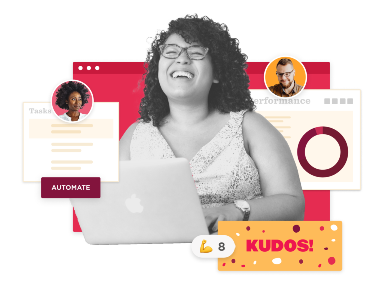 happy woman working on laptop, performance dashboard and task list with 'KUDOS!' notification and automation focus