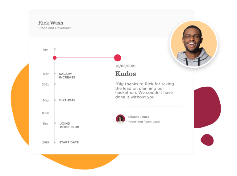 Rick Wash's career timeline highlights key milestones: salary increase, birthday, and kudos from Shonda James., career milestones, employee recognition