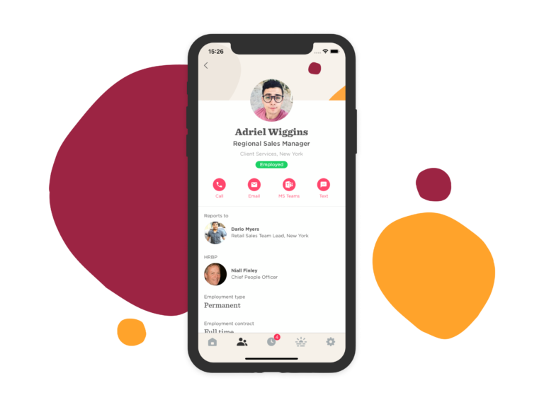 Adriel Wiggins profile on mobile, showing contact options and employment details in a colorful design., Mobile profile of Adriel Wiggins, Regional Sales Manager with contact options.
