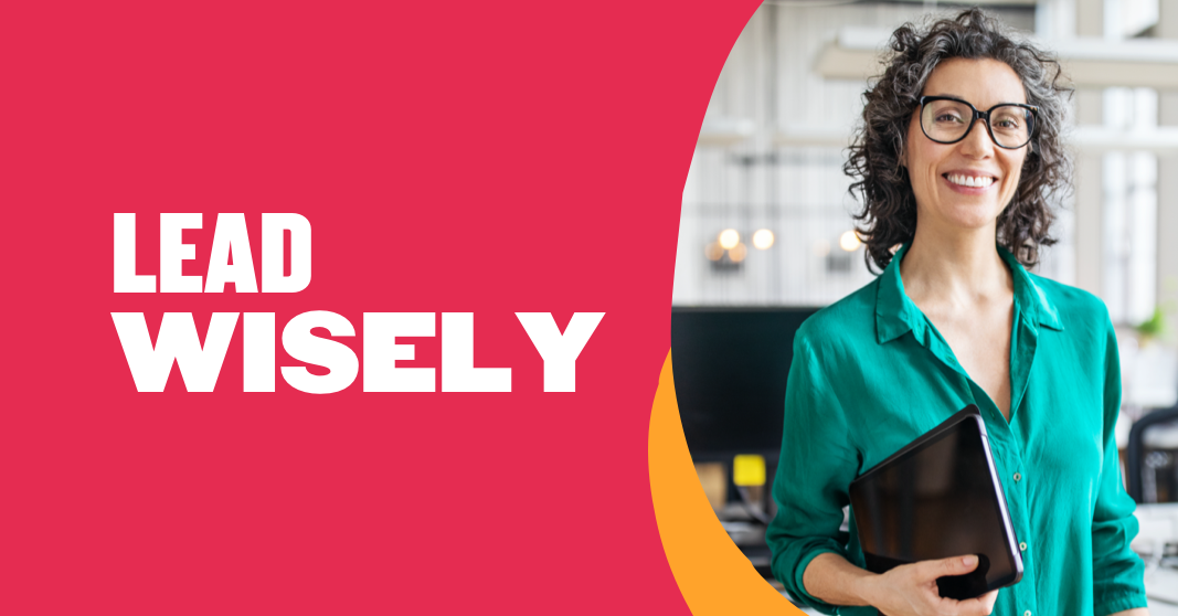lead wisely, confident woman in green shirt holding a tablet in modern workspace with bright colors and warm lighting