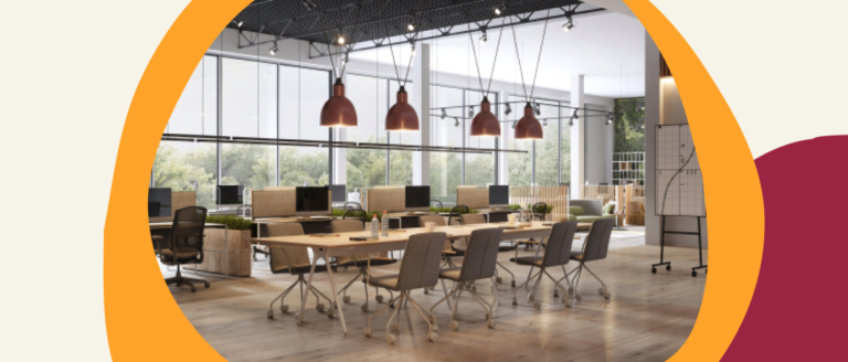 office workspace with modern furniture, large windows, and plants, featuring computers and hanging lights, contemporary design workspace with bright atmosphere and collaborative setup