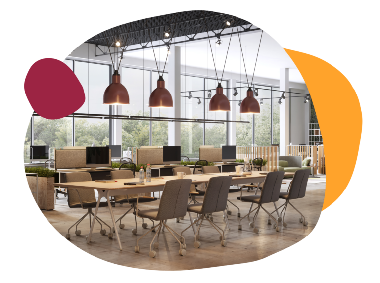 modern office space with large windows, stylish lighting fixtures, and ergonomic furniture for collaborative work, bright workspace with plants and computers
