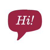 speech bubble with text "Hi!", greeting illustration in burgundy color