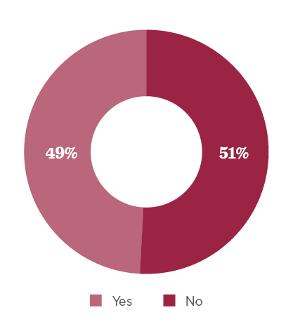 Pie chart showing survey responses: 49% Yes, 51% No, emphasizing the division visually with contrasting colors. , piechart, surveyresults