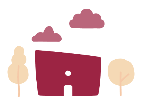 colorful abstract house with clouds and trees, stylized illustration of nature elements and a burgundy building