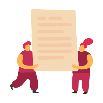 characters holding a large document with text on it, two individuals in colorful outfits collaborating on a project
