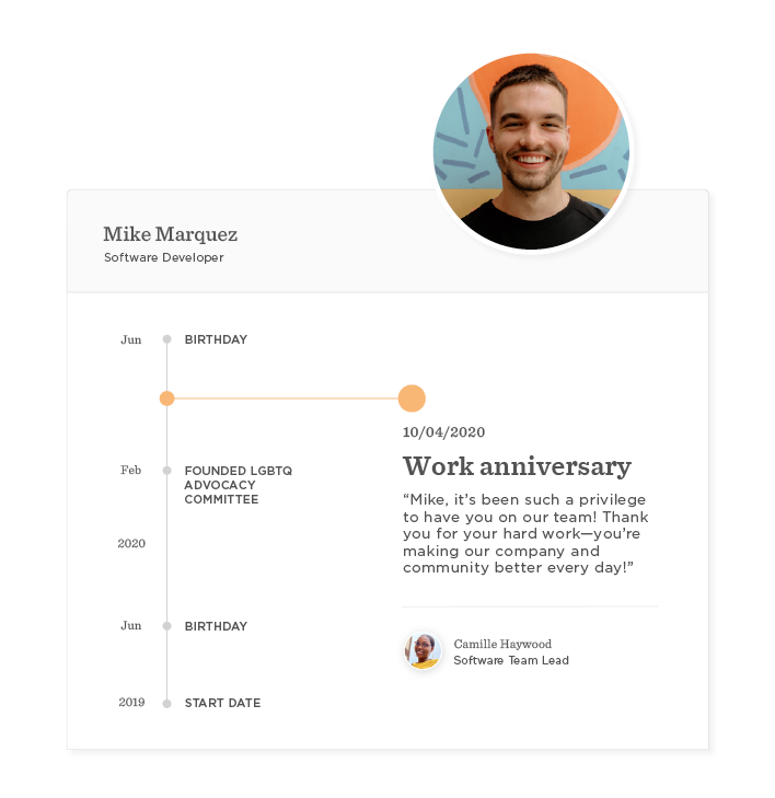 Mike Marquez, Software Developer, celebrates work anniversary with timeline of achievements and birthday. , MikeMarquez, WorkAnniversary