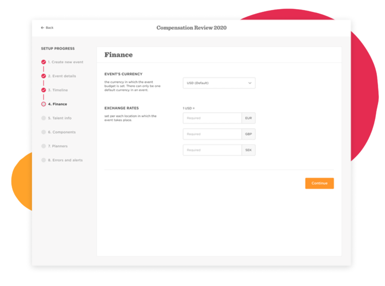 Finance setup screen showing event currency and exchange rates for USD to EUR, GBP, and SEK for budget management. , Finance, EventBudget