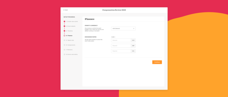 Finance setup interface for event budgeting; includes currency selection and exchange rate inputs. , finance, event-budgeting