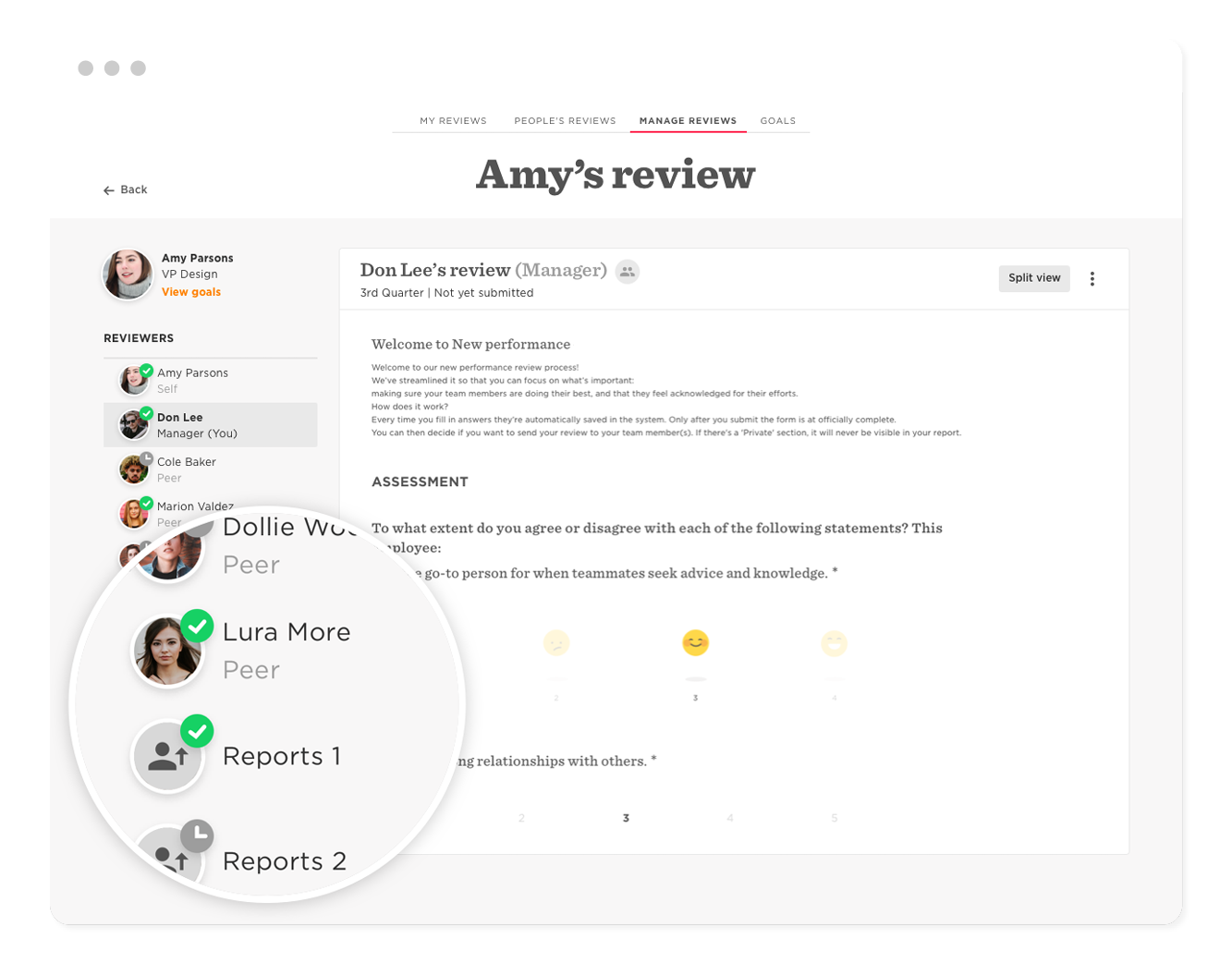 Amy's review interface displaying performance feedback and peer reviewers' insights for Don Lee's evaluation, Peer review process overview featuring employee assessments and feedback metrics
