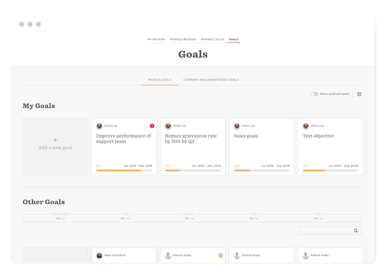 My Goals section displaying various performance goals with progress bars and time frames. User interface design for goal management., Goal tracking dashboard featuring task progress, due dates, and user-specific goals for team improvement.
