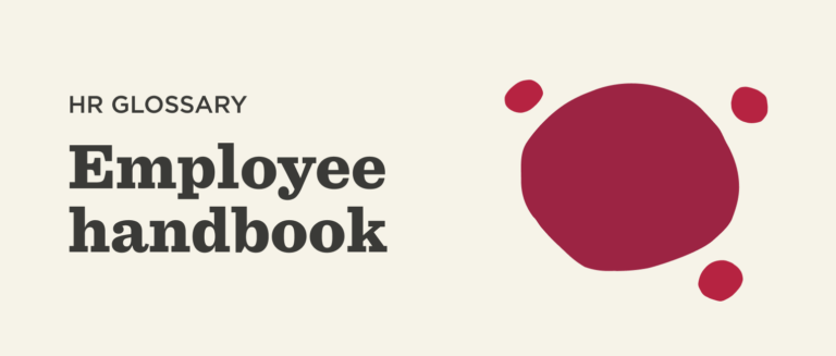 HR glossary title with "Employee handbook" text and abstract red shapes on cream background for professional context. employee handbook, HR glossary