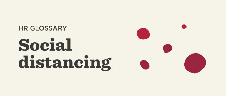 HR glossary term "Social distancing" prominently displayed with playful red dots on a light background., SocialDistancing, HRGlossary