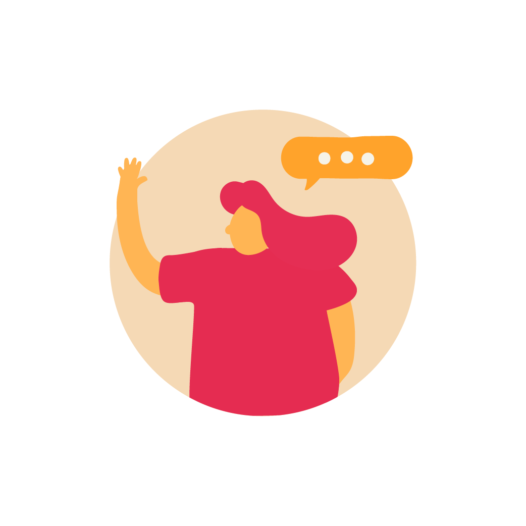 woman waving, speech bubble with three dots