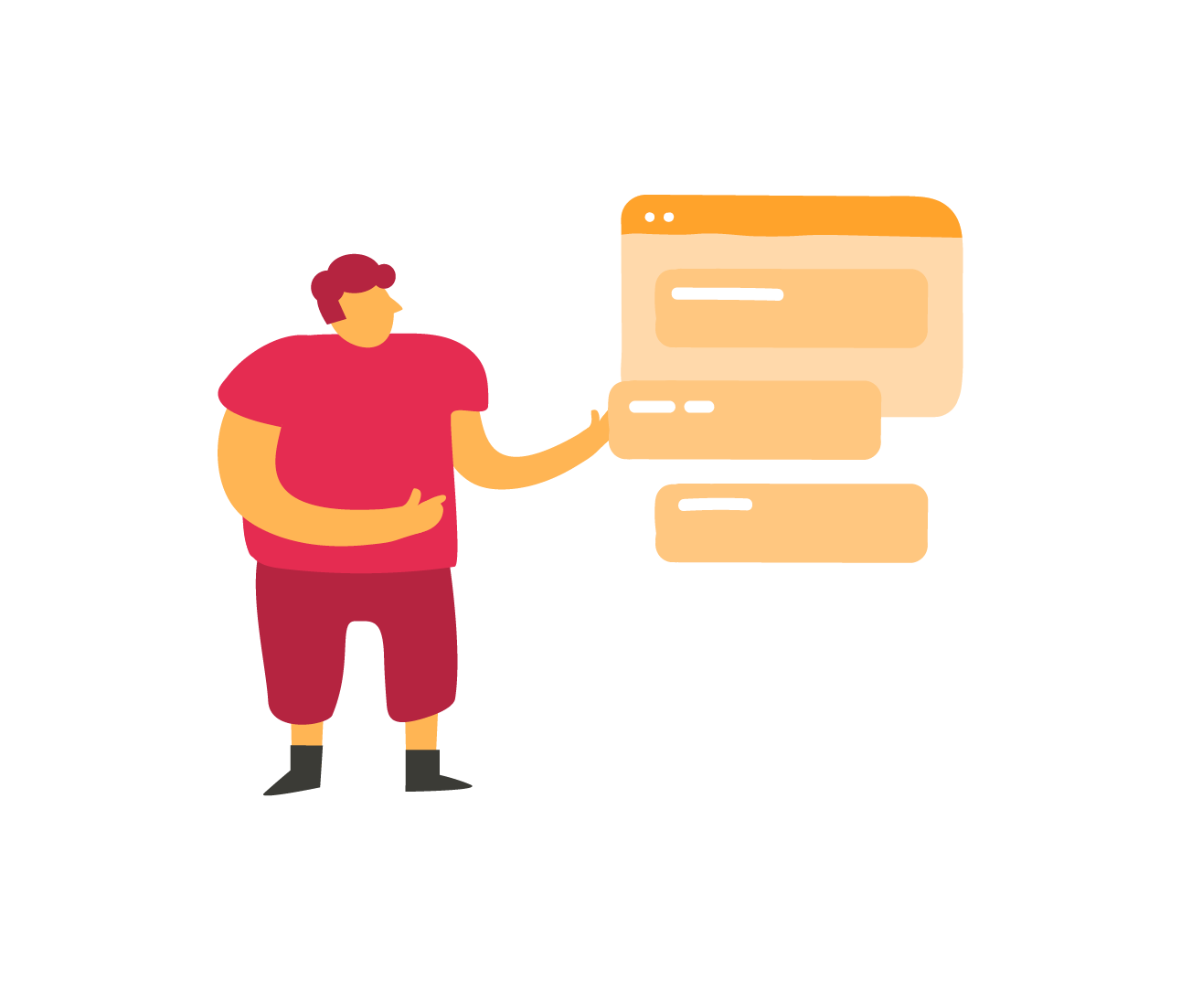 person standing with orange interface elements, illustration of digital communication and engagement concepts