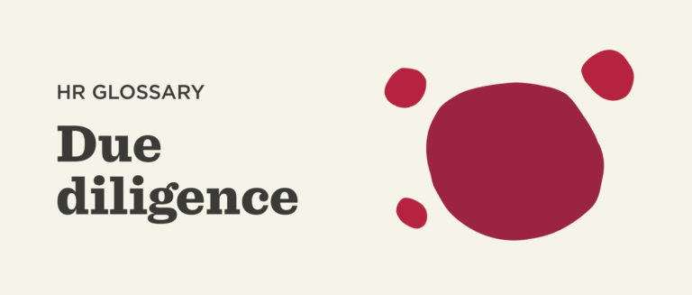 HR glossary design featuring "Due diligence" in bold lettering with abstract red shapes on a neutral background, modern HR terms illustration with due diligence emphasis