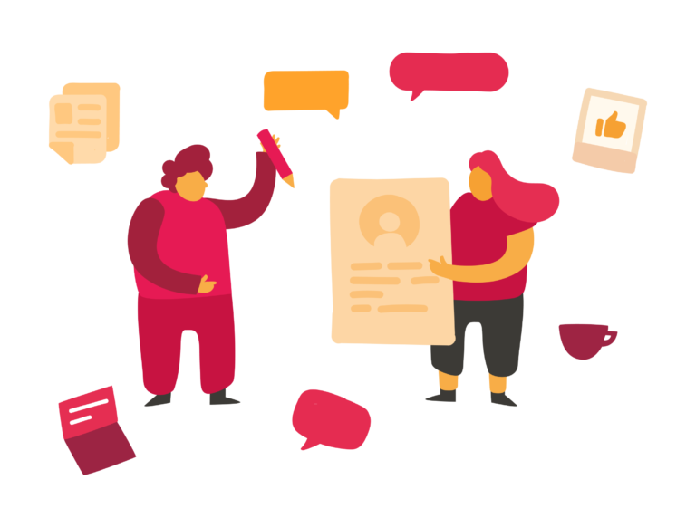 collaborative discussion with two characters reviewing a document, surrounded by icons and speech bubbles, colorful illustration of teamwork and communication