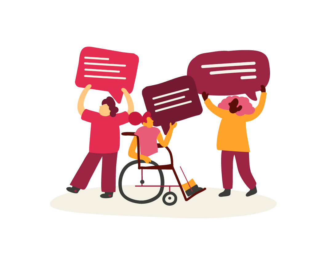 people raising speech bubbles, wheelchair user engaged in dialogue