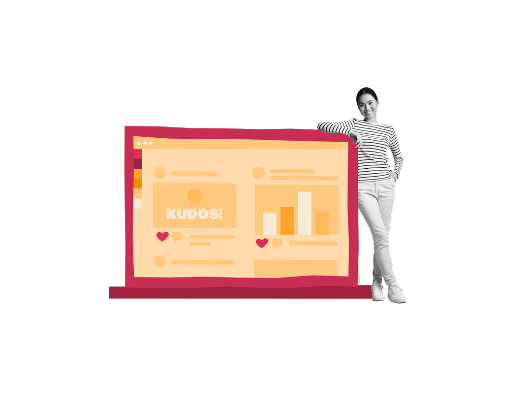computer screen with performance metrics and "KUDOS!" text beside a woman in casual attire, woman standing next to digital dashboard
