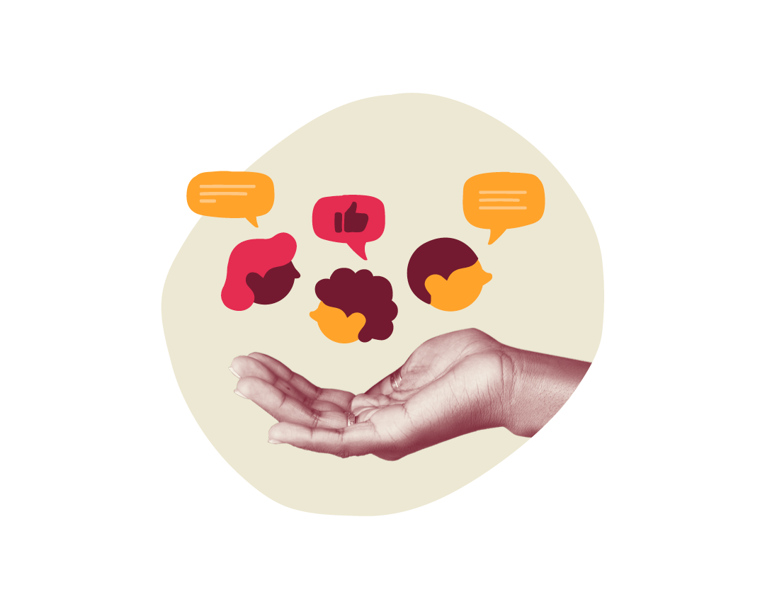hand holding speech bubbles representing communication and interaction, chat icons in various colors illustrating diverse conversation styles