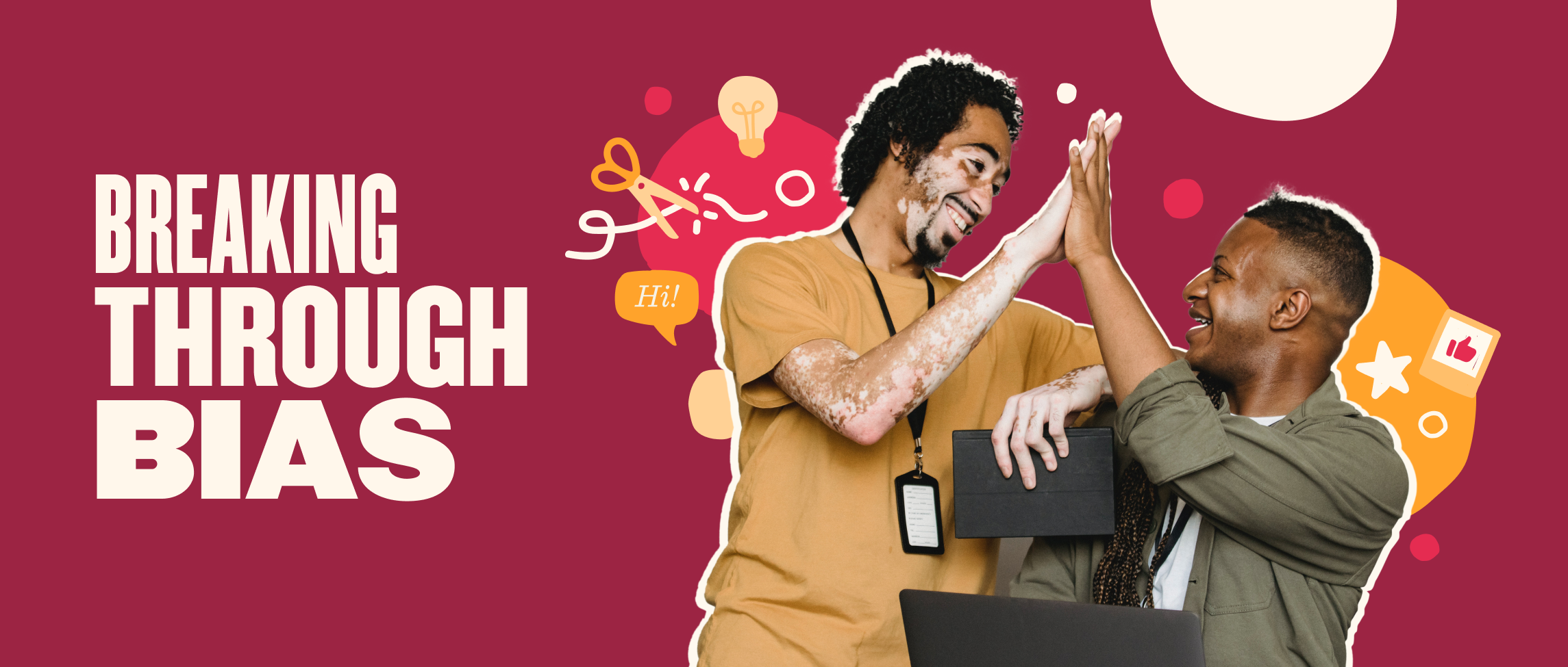 breaking-through-bias-smiling-men, high-five-creative-background