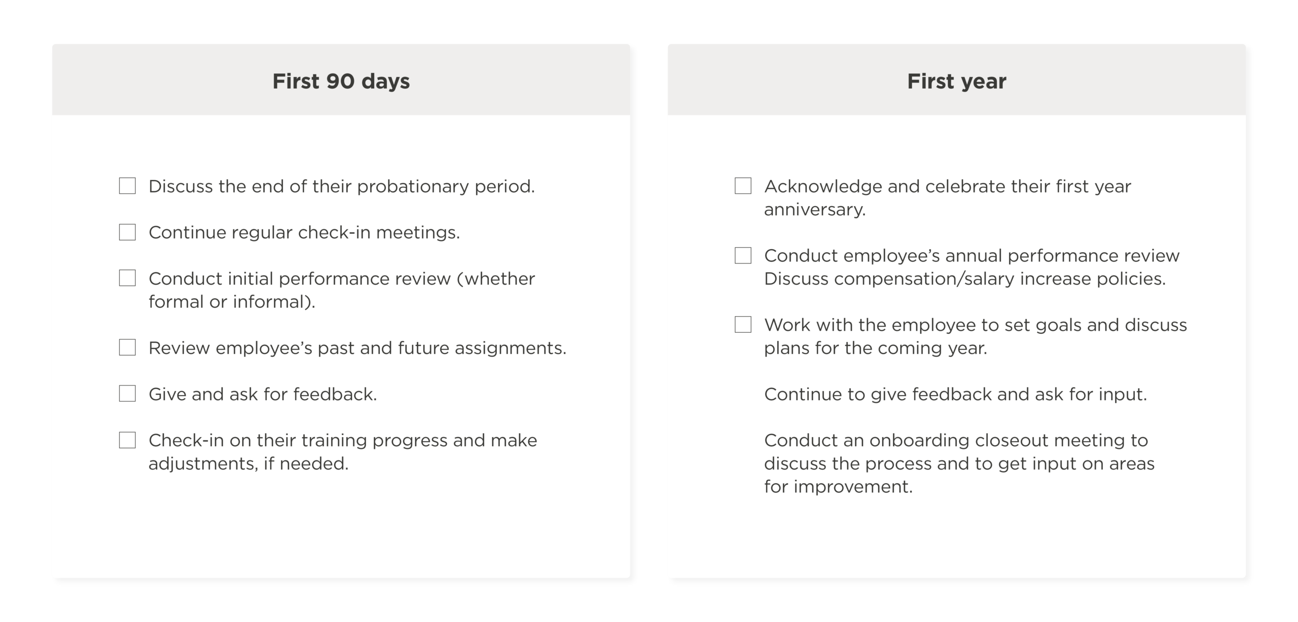 employee onboarding checklist first 90 days and first year, performance reviews feedback meetings training goals