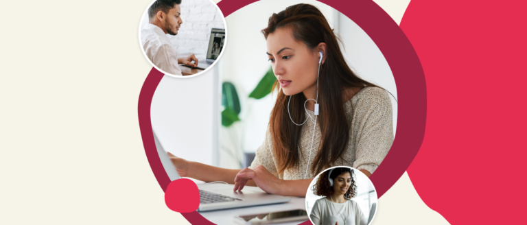 woman-using-laptop-with-earphones, collage-of-people-working-remotely