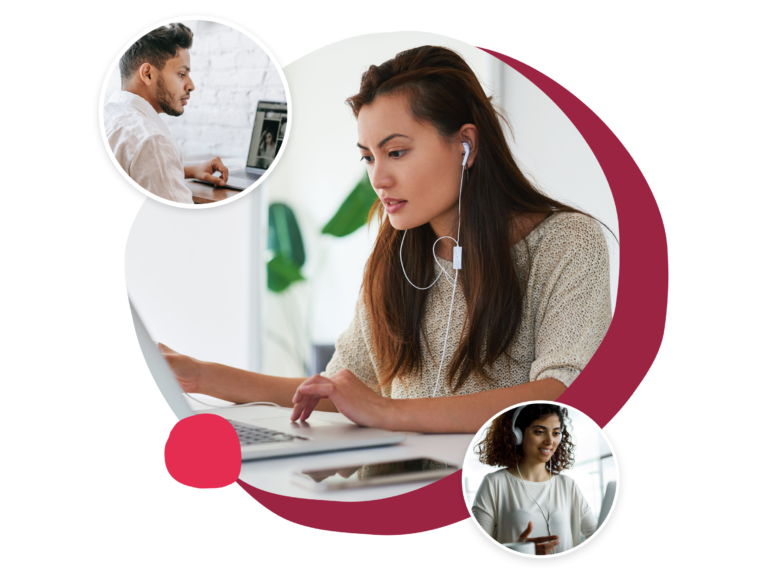 woman using laptop with headphones, two additional people in circular frames engaged in online activities