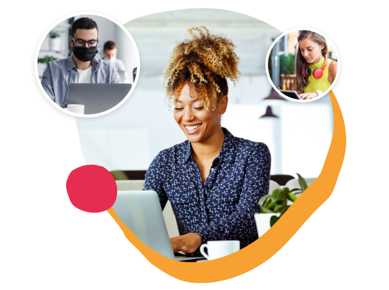 smiling woman using laptop in a vibrant workspace with coffee, focused on digital collaboration, remote work environment with diverse individuals