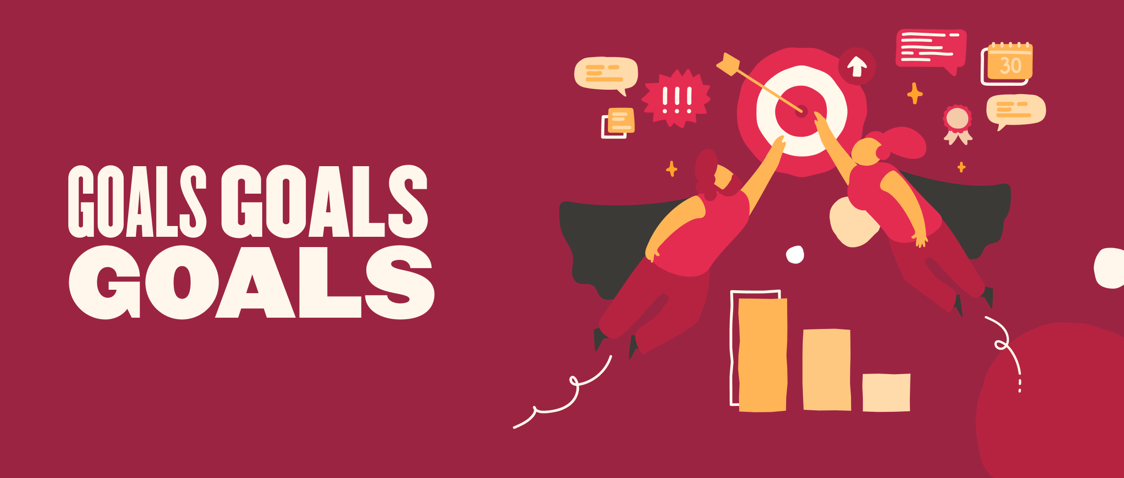 GOALS GOALS GOALS theme with two dynamic characters aiming for a target, showcasing success and motivation in vibrant colors, Motivational design illustrating goal achievement with visual elements like targets and progress bars