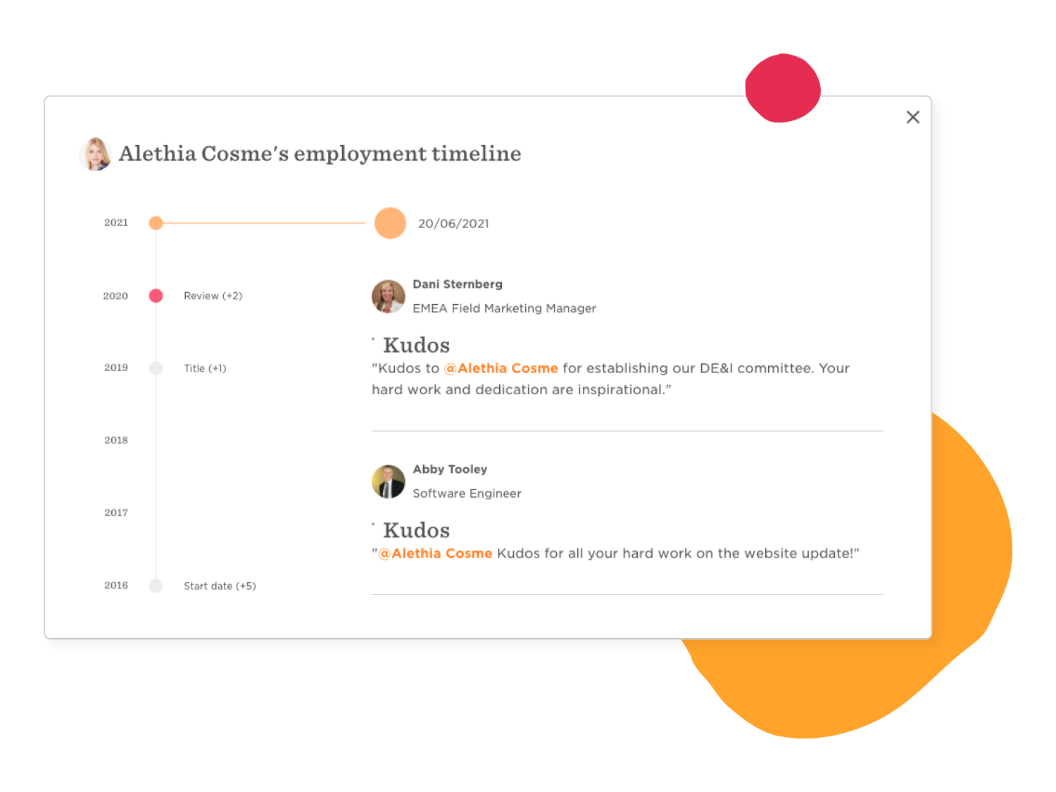 Alethia Cosme employment timeline with accolades and role progression from 2016 to 2021, showcasing professional growth., career timeline, employee recognition