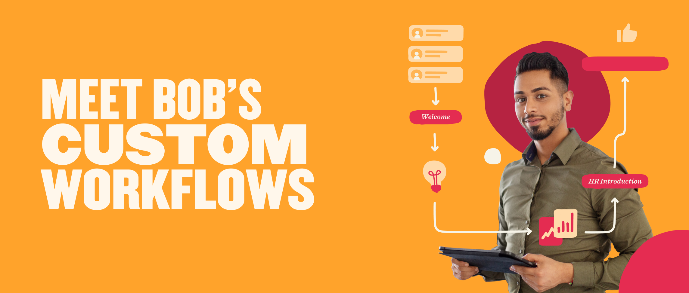 Meet Bob showcasing custom workflows with colorful graphics and text on an orange background, enhancing user engagement. Custom Workflows, HR Introduction