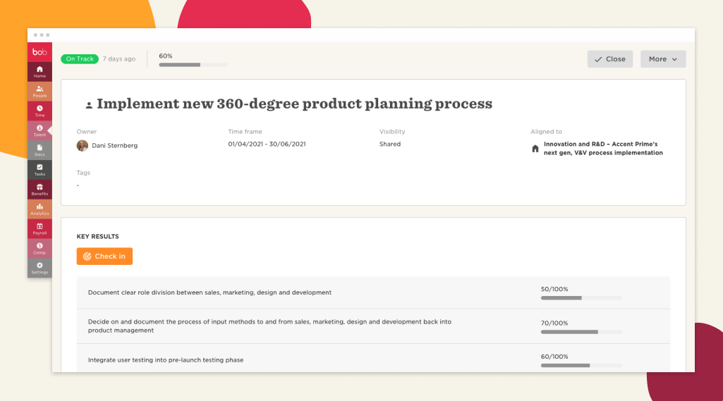 Implement new product planning process, tracking progress and key results with percentages for effective management, Project management dashboard showing progress and key results on product planning.