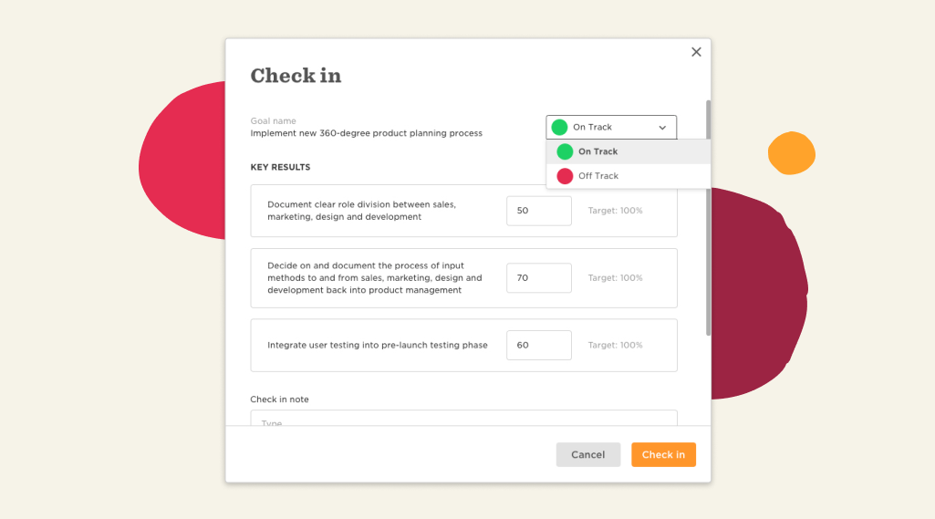 Check-in interface for product planning with goals, key results, and progress indicators on target completion. , ProductManagement, GoalTracking