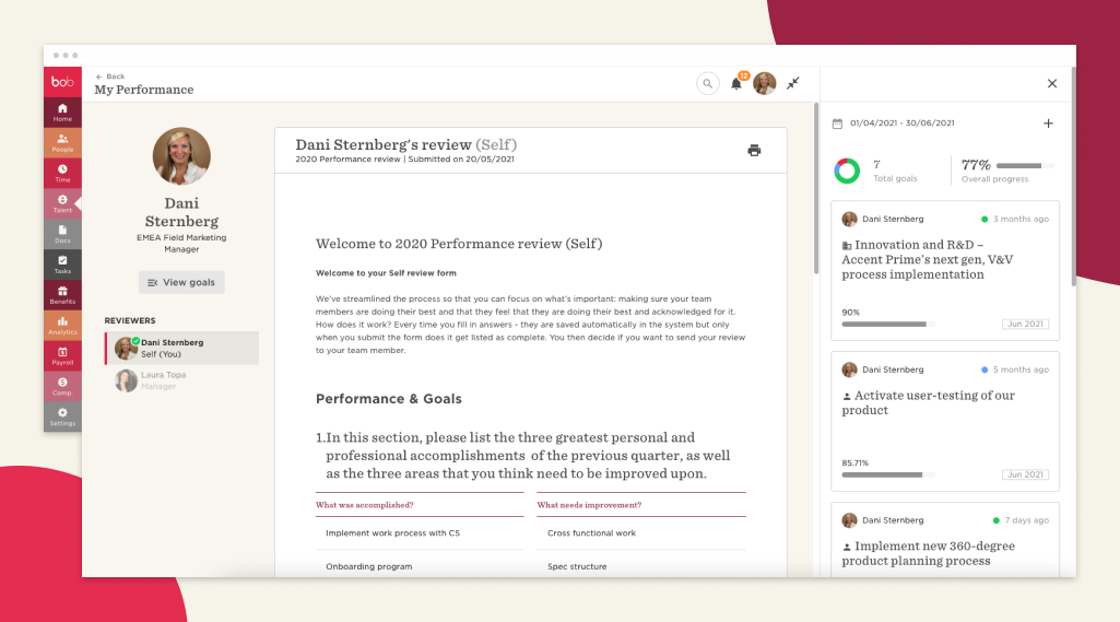 performance review self-assessment, employee performance goals feedback system