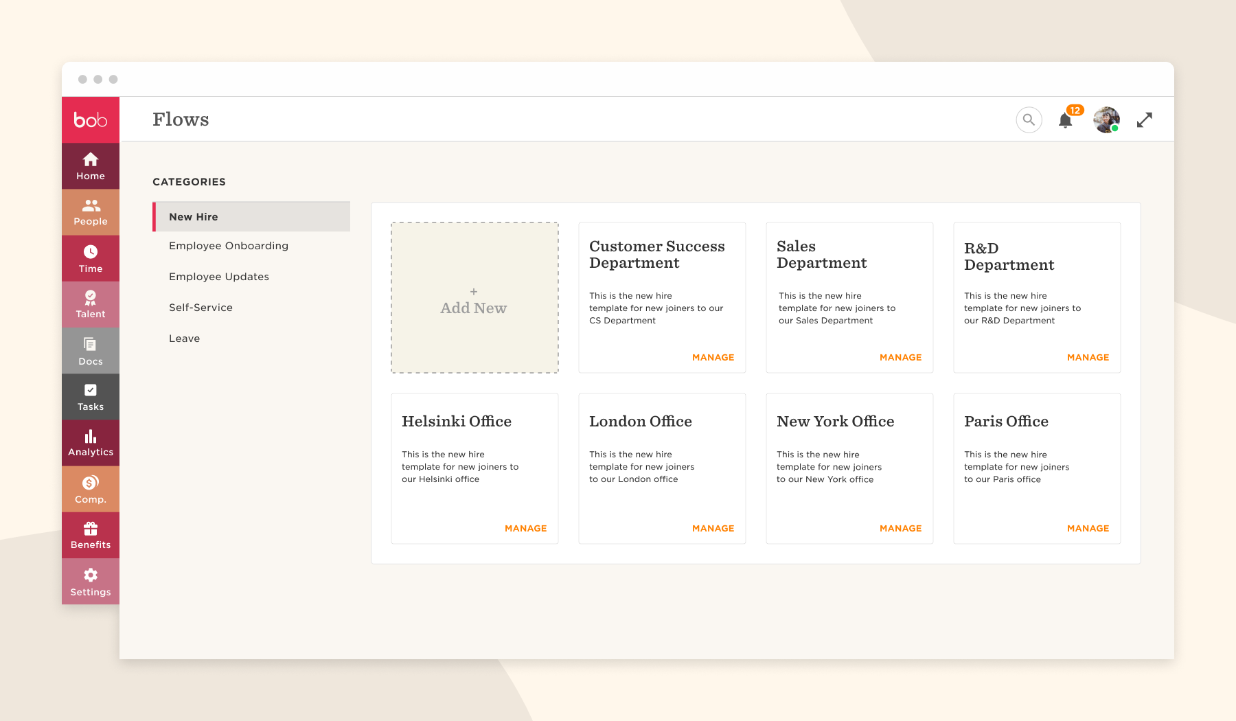 flows, employee onboarding dashboard with new hire templates for multiple offices