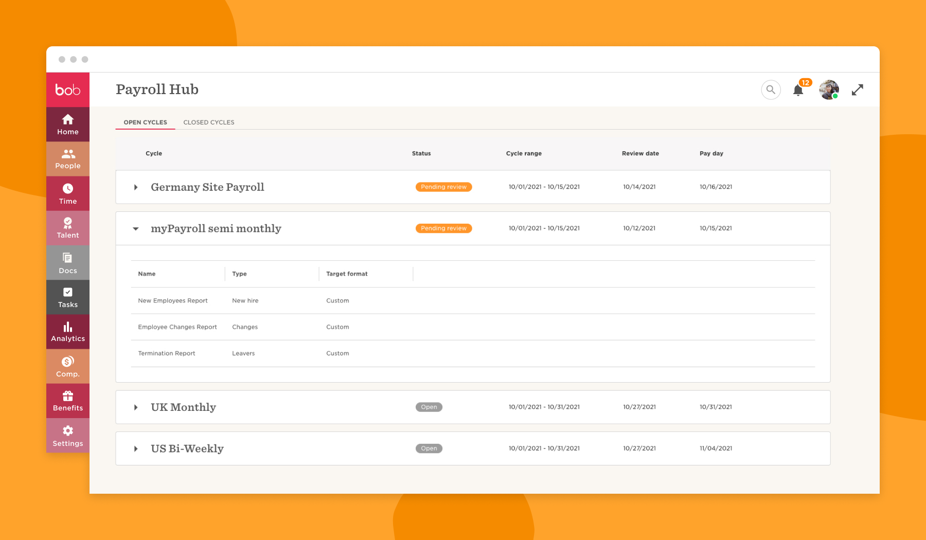 payroll management interface with cycles, status, and review dates for employee payroll reports, data overview for payroll cycles and tasks