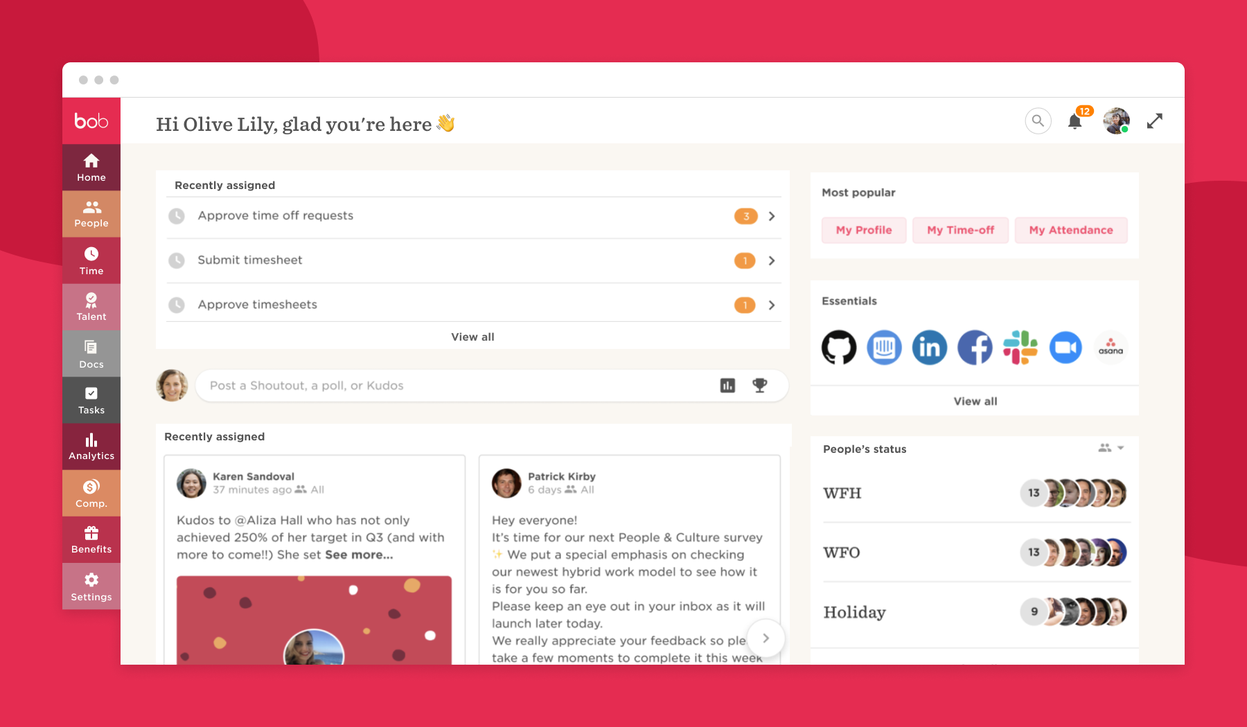 bob interface with user greeting, task lists, social icons, recent updates, and attendance status sections. , bob_interface, task_management