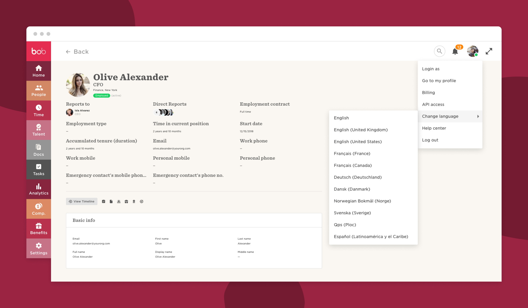 CFO profile of Olive Alexander, showcasing employment details and language options in a user-friendly interface, Employment details and language settings in the candidate's profile