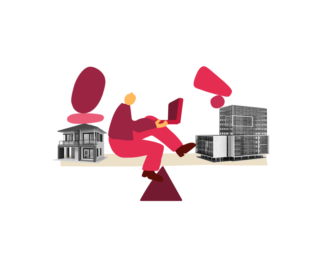 senior person working on laptop with surrounding buildings and colorful abstract shapes, urban lifestyle and remote work illustration