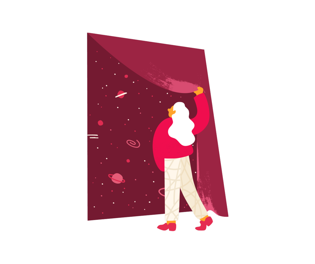 woman pulling back curtain revealing starry space, colorful illustration of cosmic scene with planets and stars