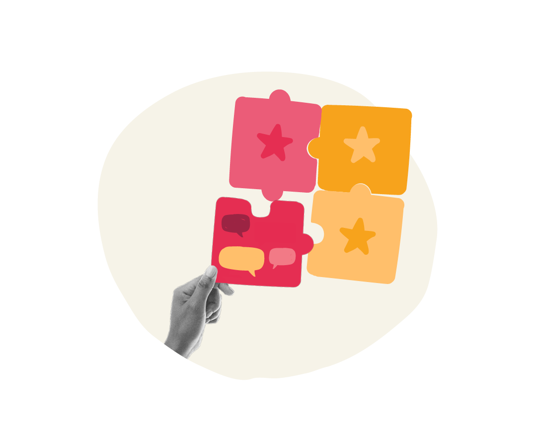 puzzle pieces, hand holding colorful puzzle pieces with stars and speech bubbles