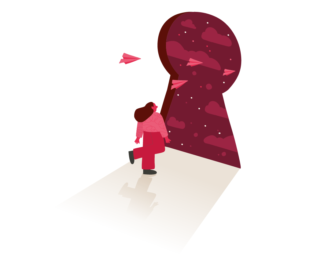 girl stepping towards a keyhole revealing a starry sky with paper airplanes flying, illustration of exploration and imagination