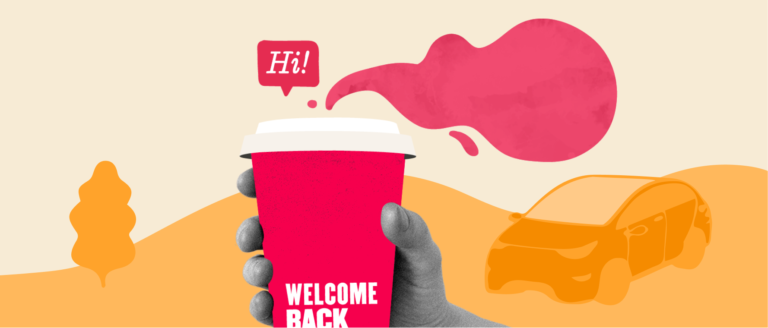 coffee_cup_with_welcome_back_message, colorful_background_with_car_element