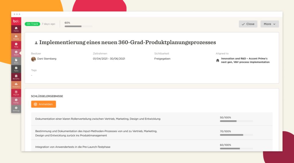 Implementierung eines 360-Grad-Produktplanungsprozesses mit Fortschrittsbalken und Ergebnissen., Dani Sternberg, Projektmanagement Dashboard