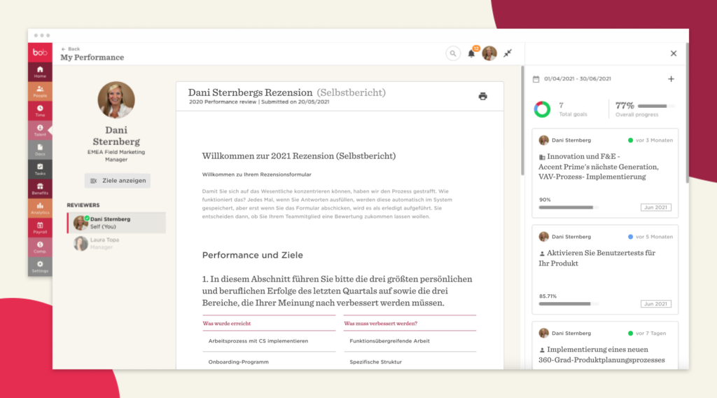 My Performance review interface showing goals and progress for Dani Sternberg, EMEA Field Marketing Manager., Performance review dashboard for Dani Sternberg featuring key achievements and feedback.