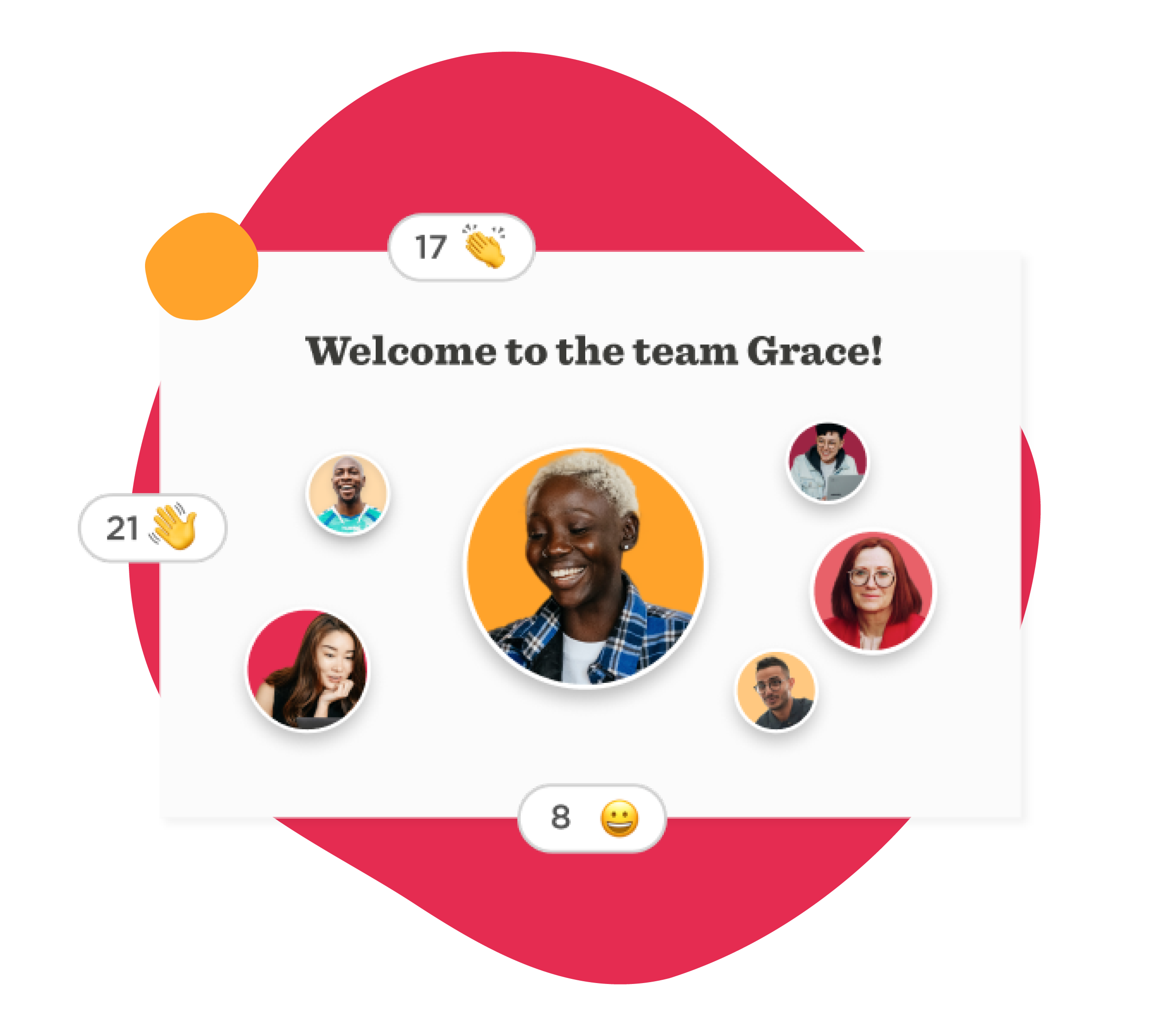 welcome to the team graphic with diverse faces, emojis, and greetings for new member Grace, team celebration and welcome message