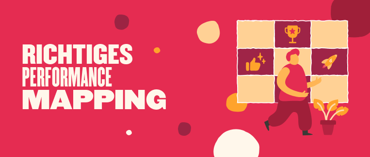 Richtiges Performance Mapping highlights visual elements of data analysis with a character and colorful icons on a red background., data analysis, performance mapping