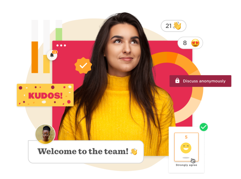yellow-sweater-woman-with-kudos-and-feedback-icons, team-welcome-notification-with-gauges-and-emojis